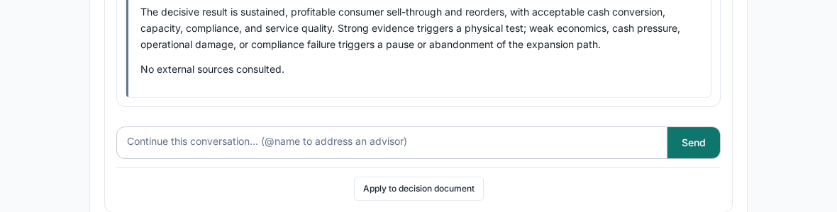Follow-up thread showing the Apply to decision document button