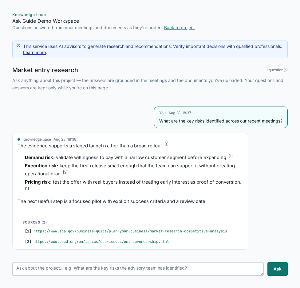Knowledge Base showing a fictional answer with two verified source links