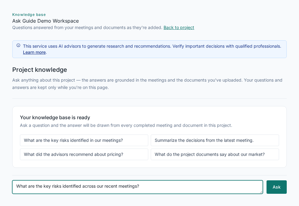 Knowledge Base question composer with a fictional risk question ready to send