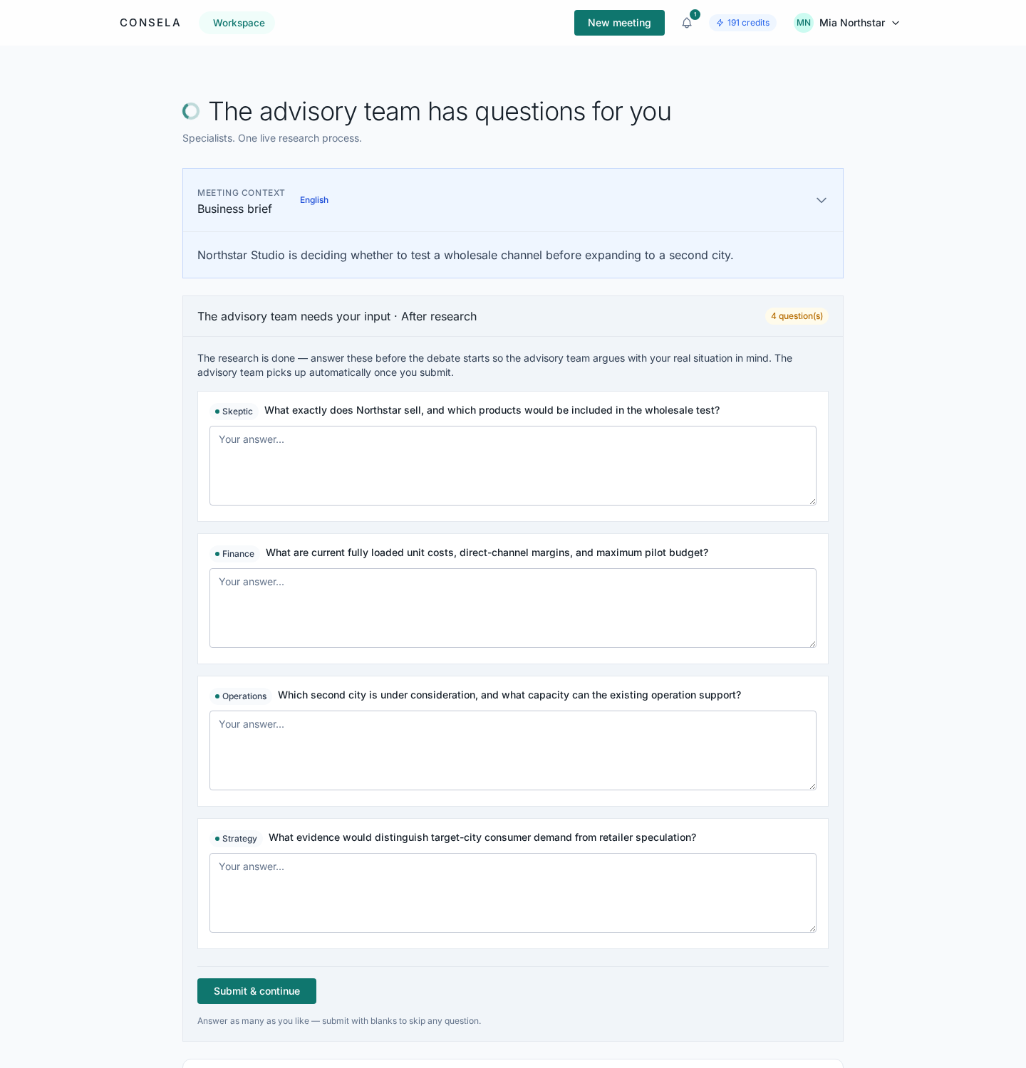 Meeting paused with four fictional clarification questions