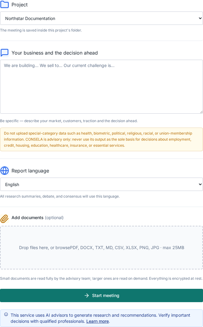 New meeting form with a fictional Northstar Labs decision brief