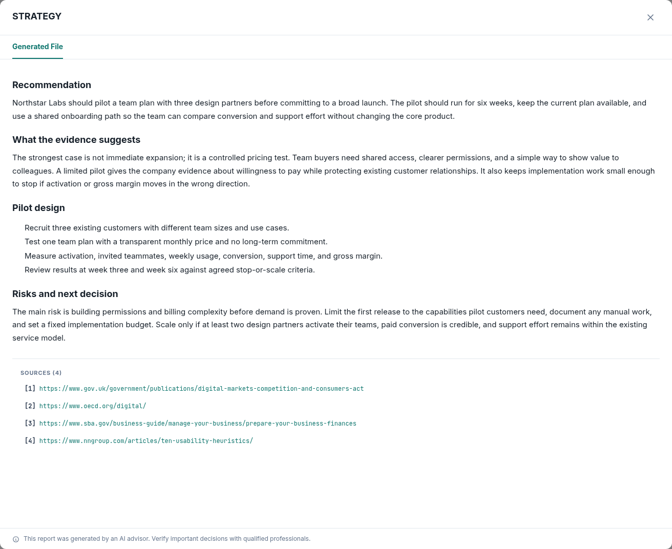 Advisor report modal showing a recommendation and verified sources
