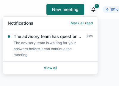 Notification bell dropdown showing a meeting waiting for input